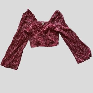 RED FLORAL BLOUSE | SIZE: L | SIM & SAM | CROPPED | NEW WITH TAG | LONG SLEEVE